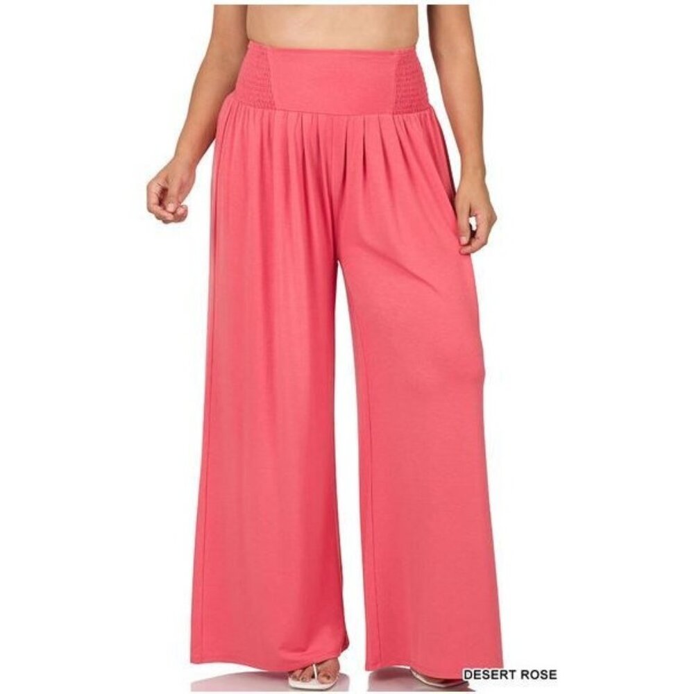 NWOT Zenana Desert Rose Smocked Waist Wide Leg Pants Sizes 1X-3X Pockets